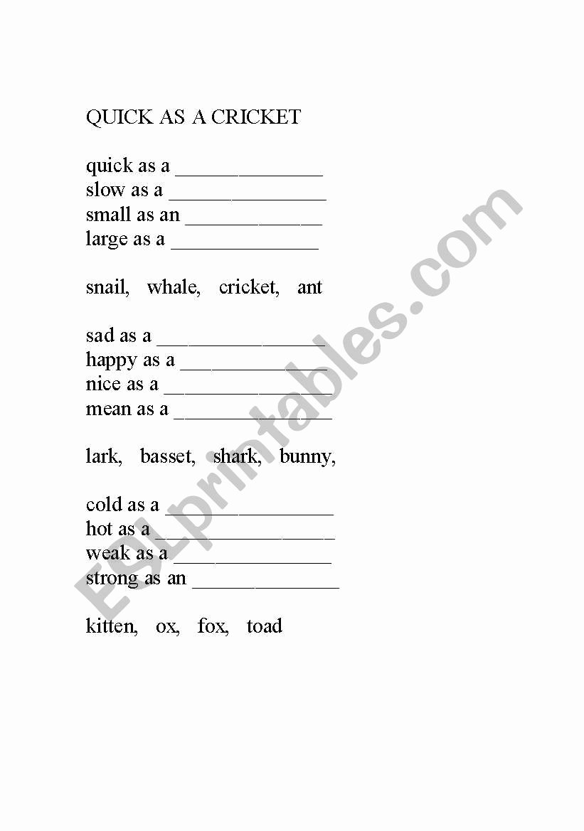 Quick as A Cricket Printables Beautiful English Worksheets Quick as A Cricket