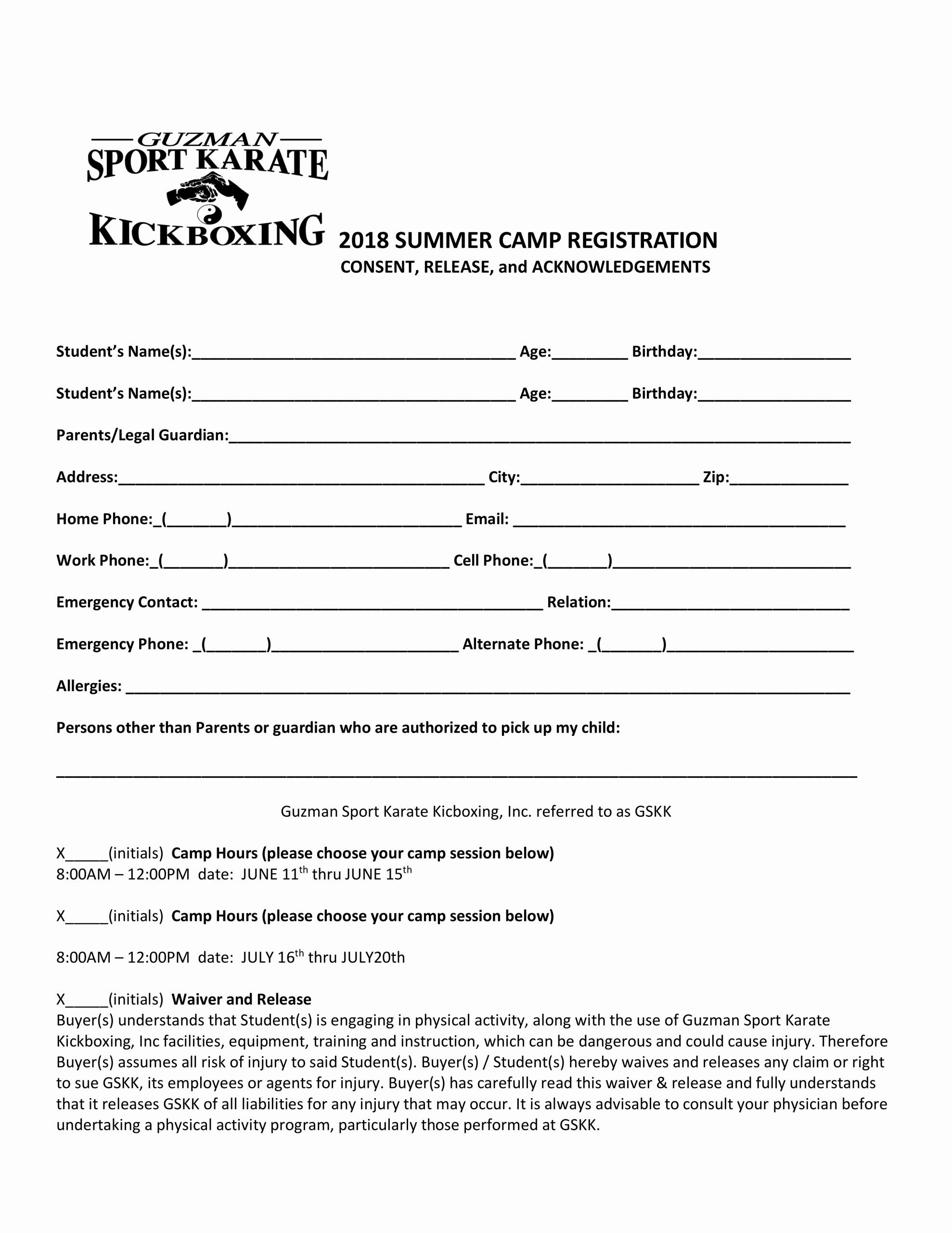 Registration form for Summer Camp Lovely Printable form Summer Camp Guzman Sport Karate &amp; Kickboxing