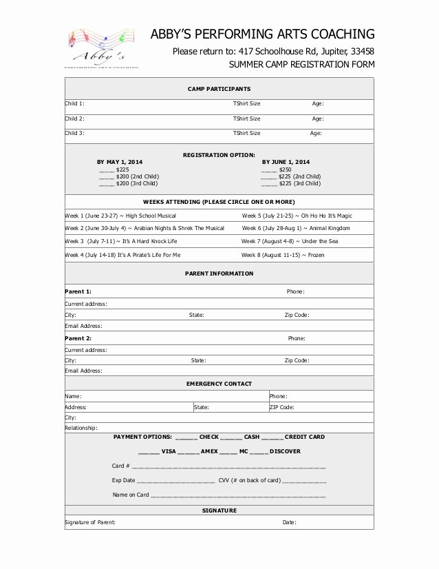 Registration form for Summer Camp Unique 2014 Summer Camp Registration form