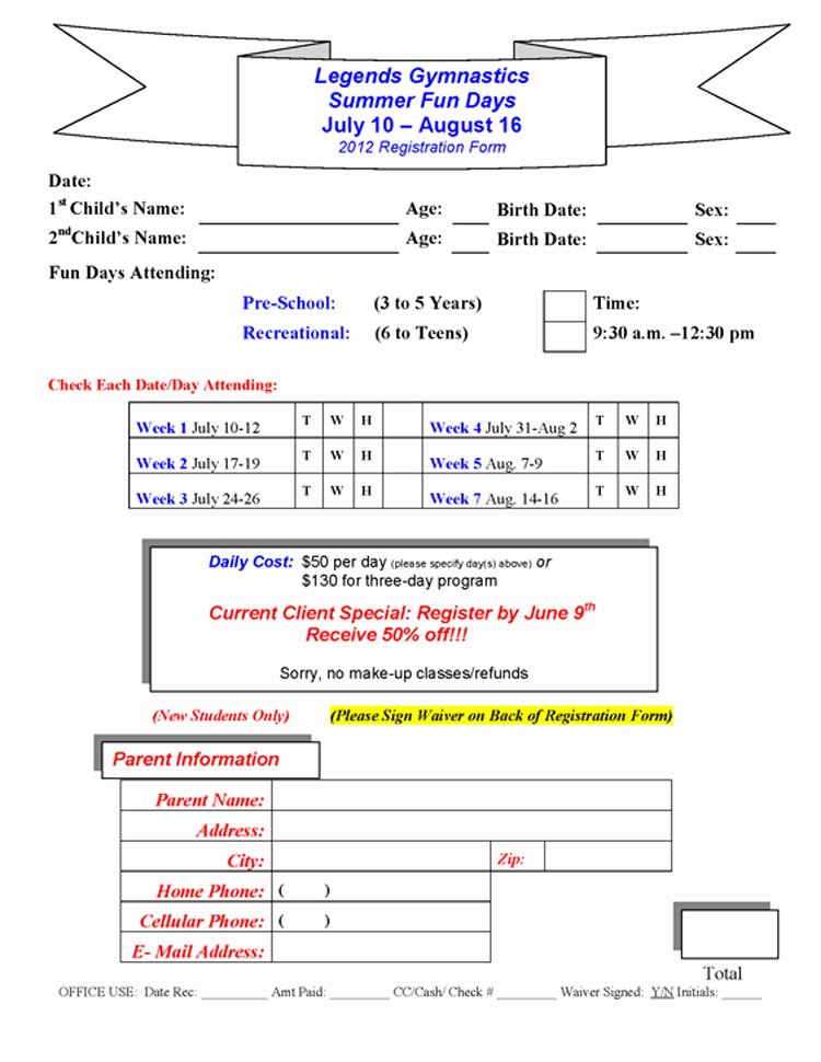 Registration form for Summer Camp Unique Registration form format