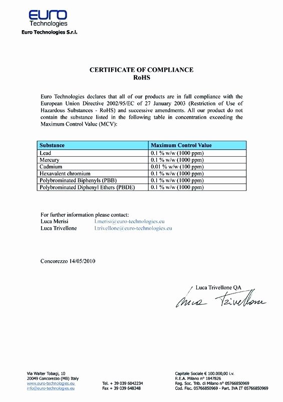 Rohs Certificate Of Compliance Template Luxury Rohs Pliance Certificate