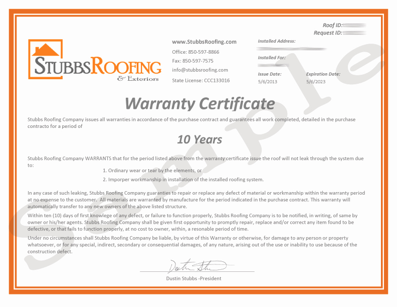 Roofing Certificate Of Completion Template Best Of 10 Year Warranty Stubbs Roofing Tallahassee