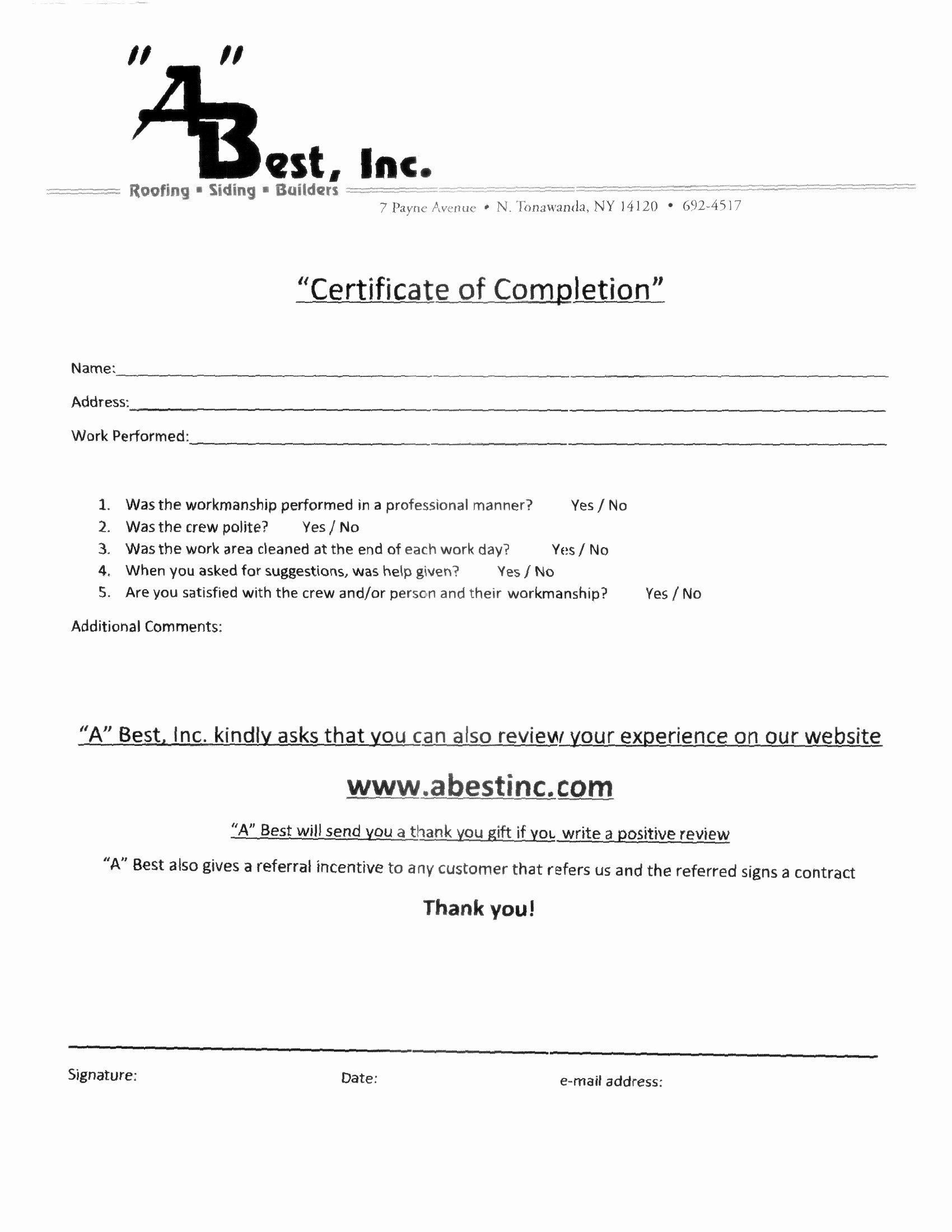Roofing Certificate Of Completion Template Fresh A Best Inc