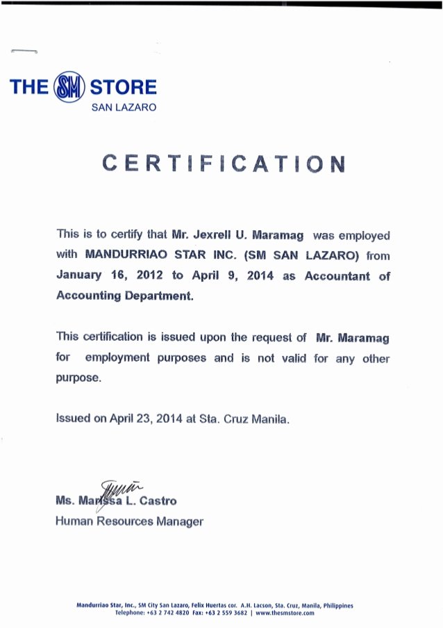 Sample Certificate Of Employment Beautiful Certificate Of Employment Msi Sm Dep Store