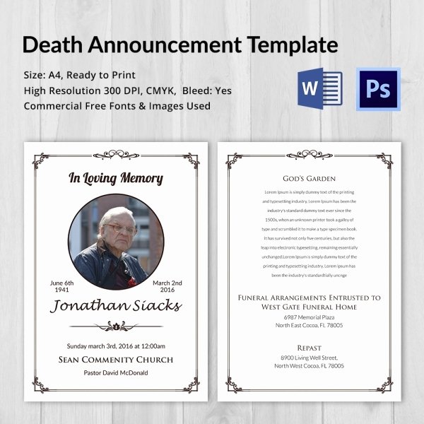 Sample Death Announcements Best Of Death Announcement 5 Word Psd format Download