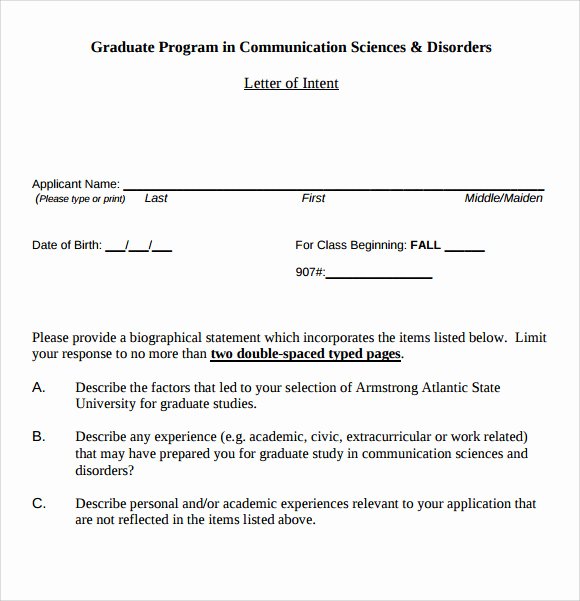Sample Graduate School Letter Of Intent Lovely Letter Of Intent Graduate School 9 Download Documents