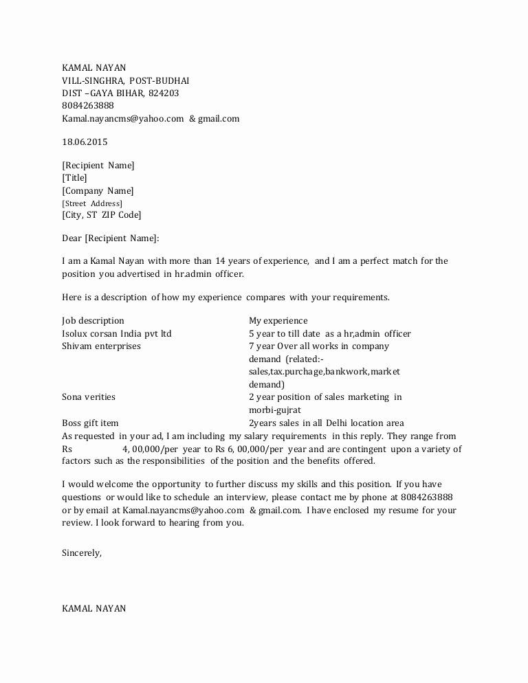 Sample Of Salary Requirements Letter Fresh Resume Cover Letter with Employment Salary Requirements