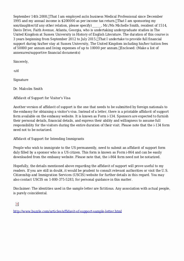 Sample Of Support Letter for Immigration Elegant Affidavit Of Support Sample