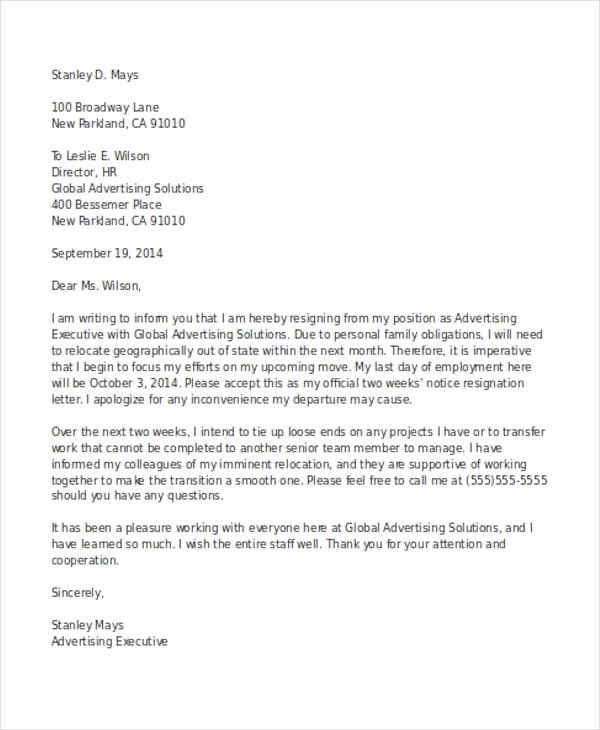 Sample Of Two Weeks Notice Letter Best Of Free 21 Two Weeks Notice Letter Examples &amp; Samples In