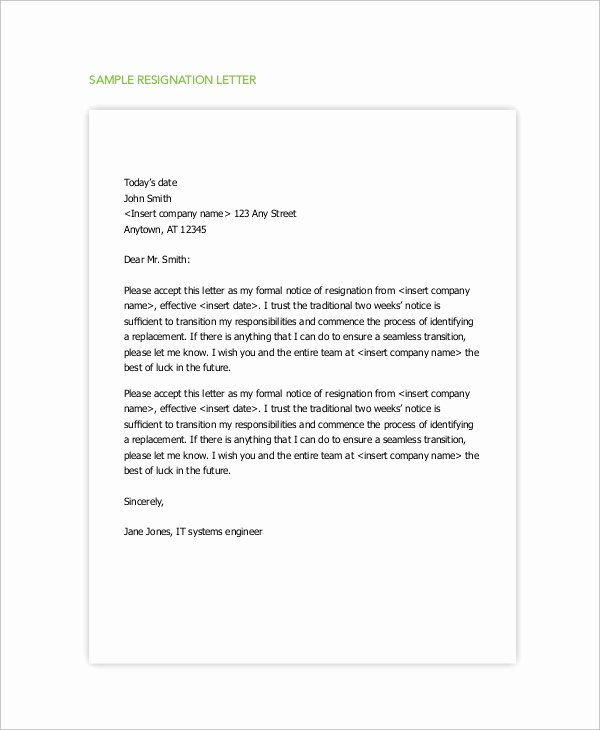 Sample Of Two Weeks Notice Letter New Sample Resignation Letter with 2 Week Notice 6 Examples