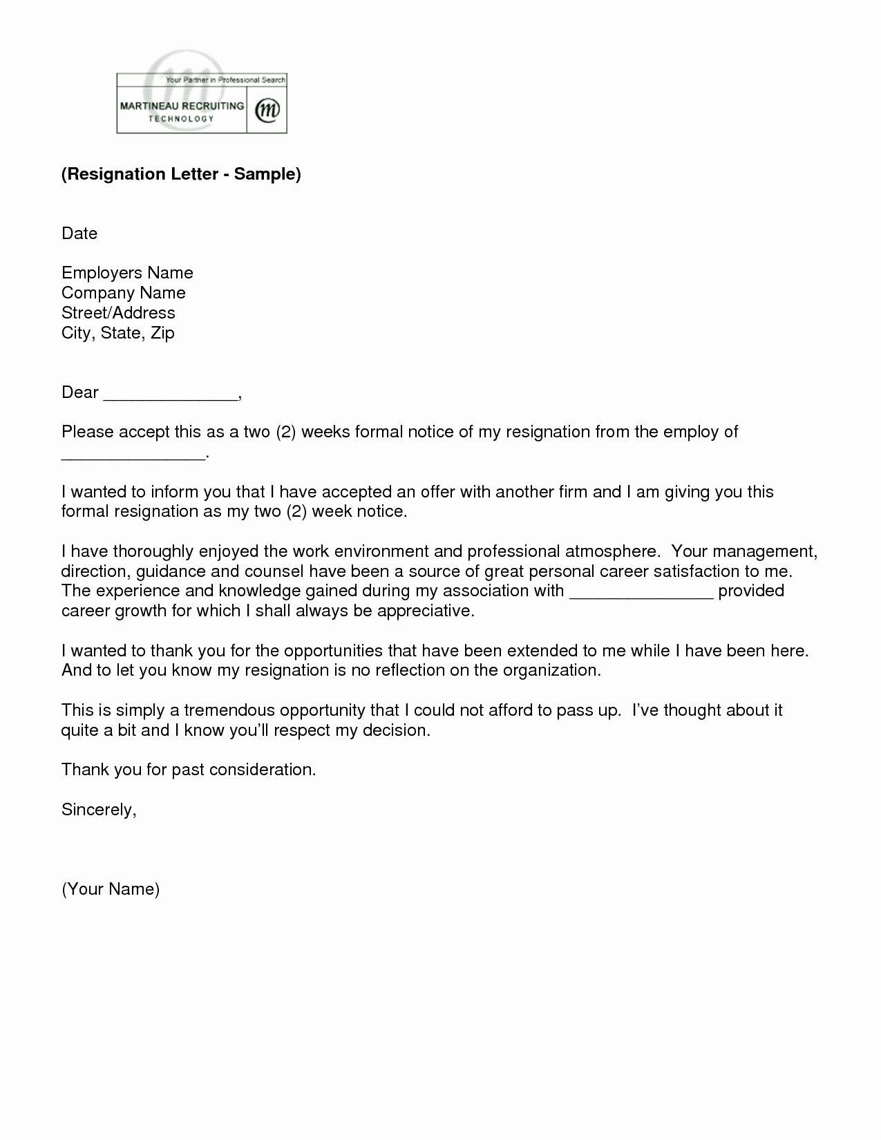 Sample Of Two Weeks Notice Letter Unique Letter Of Resignation 2 Weeks Notice Template