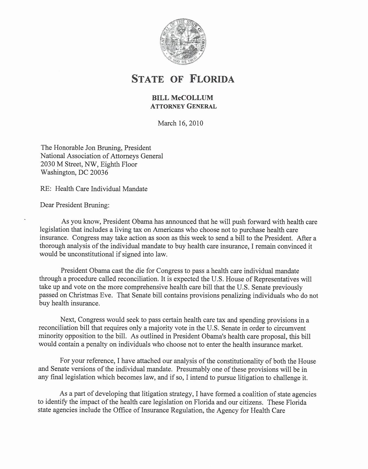 florida attorney general health care bill unconstitutional state attorney generals lawsuits state sovereignty congress no authority to mandate health insurance
