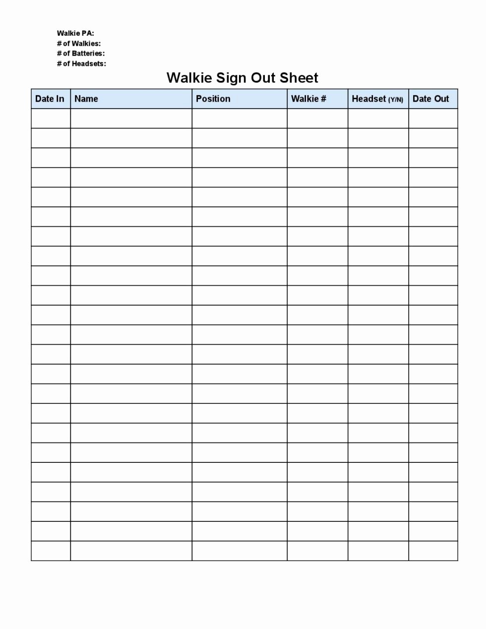 Signing In and Out form Beautiful Walkie Sign Out Sheet Free Template Makers