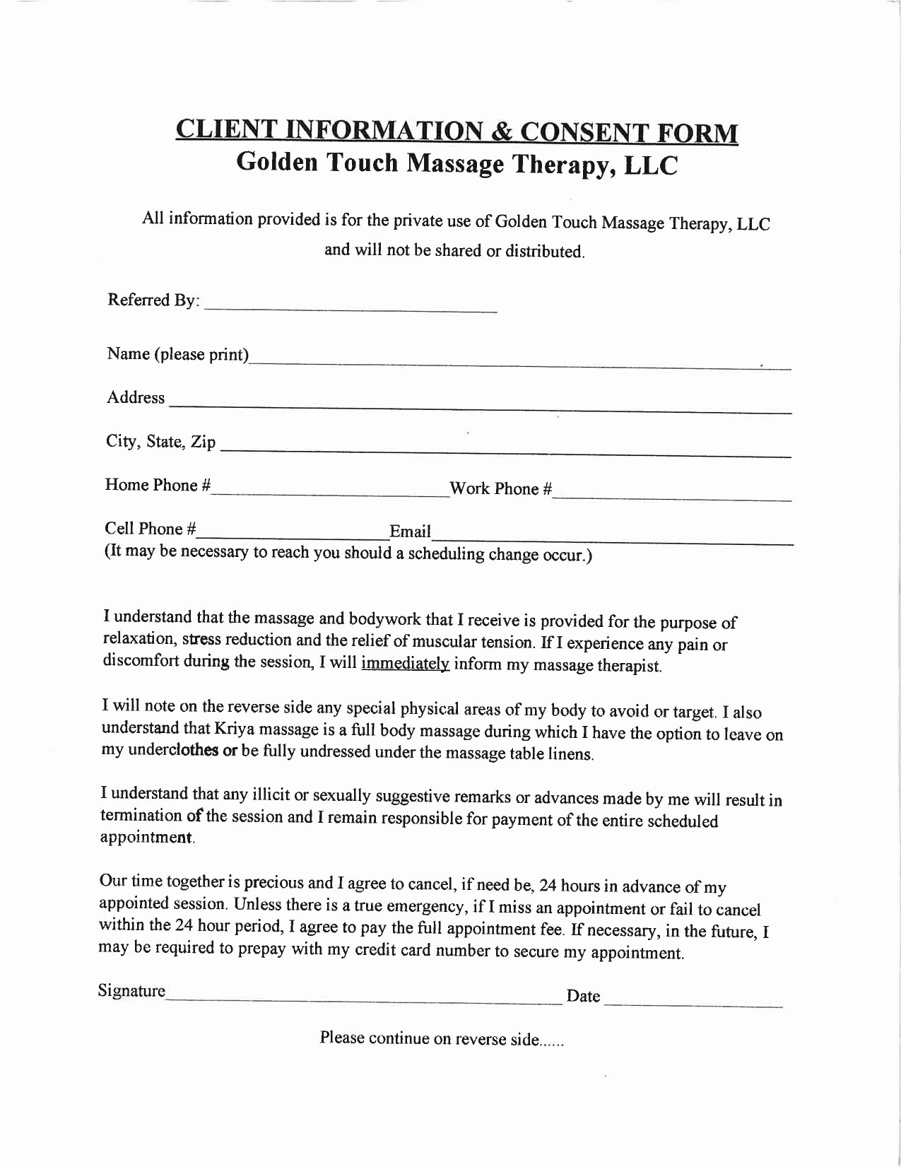 Simple Massage Intake form Fresh Golden touch Massage therapy Client Intake form