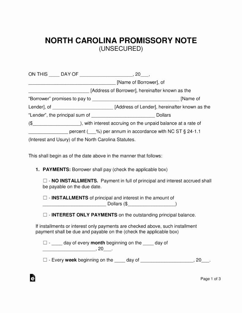 Simple Promissory Note No Interest Elegant Free north Carolina Unsecured Promissory Note Template