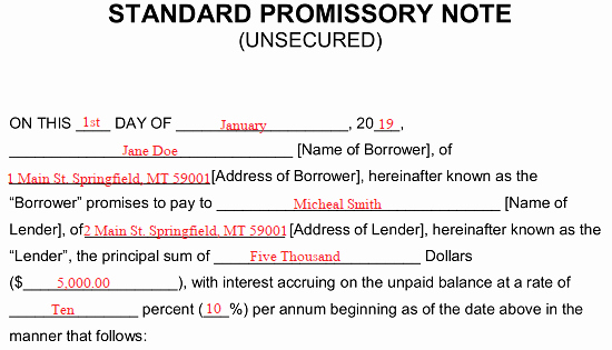 Simple Promissory Note No Interest Unique Free Unsecured Promissory Note Template Word