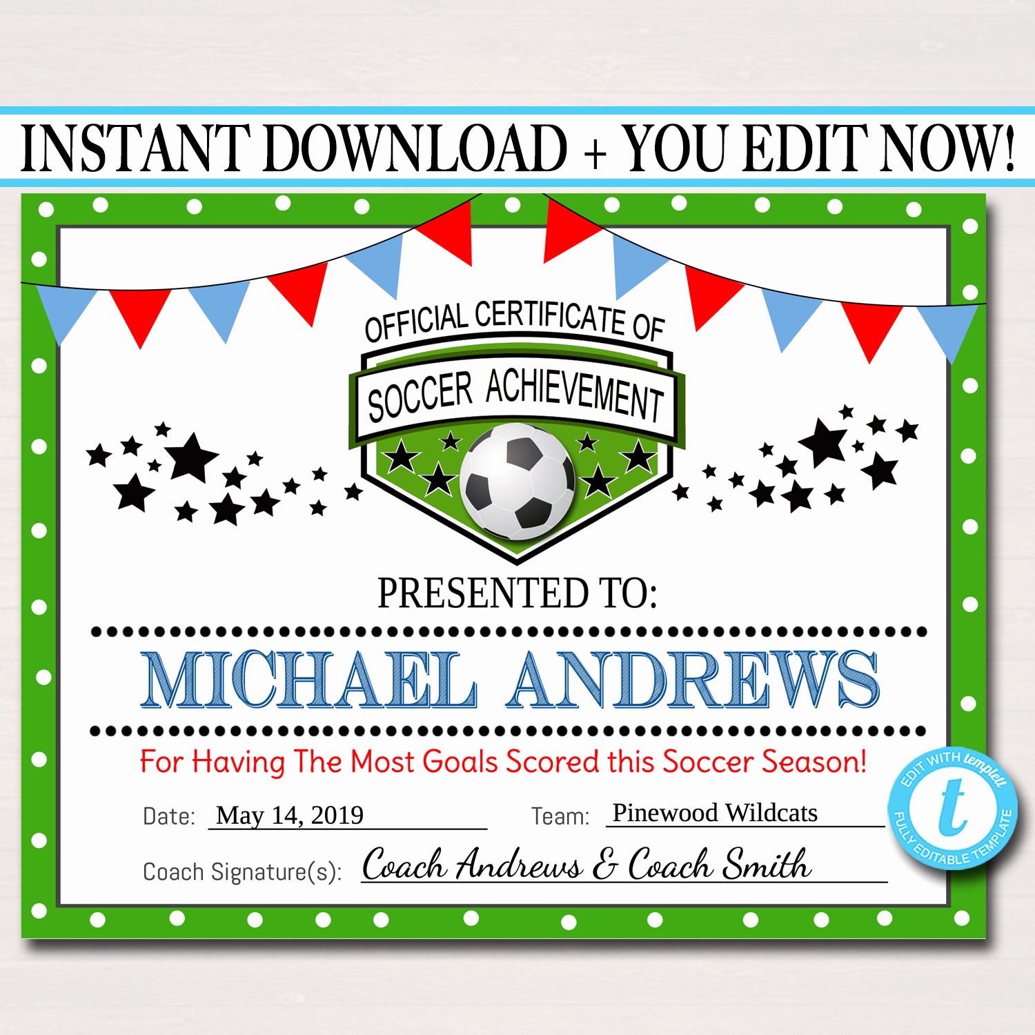 Soccer Award Certificates Templates Fresh Editable soccer Award Certificates Instant Download Team
