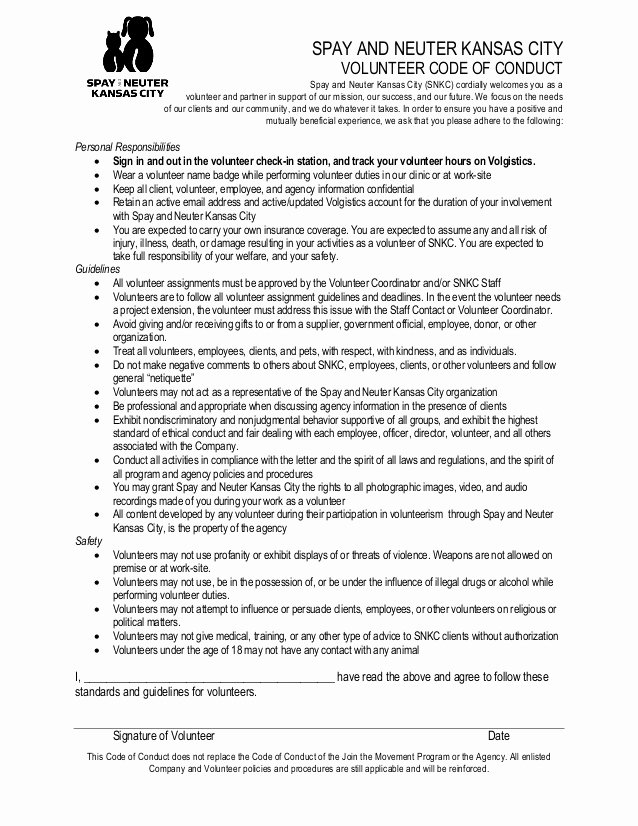 Spay and Neuter Contract Template Fresh Volunteer Code Of Conduct