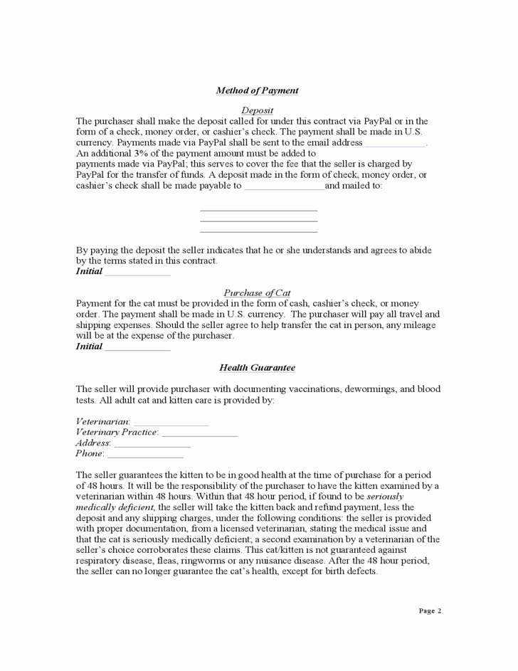 Spay Neuter Contract form Elegant Contract for Purchase Of A Kitten or Cat Free Download