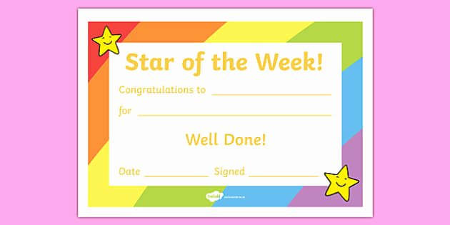 Star Of the Week Template Lovely Star Of the Week Award Certificate Star Of the Week