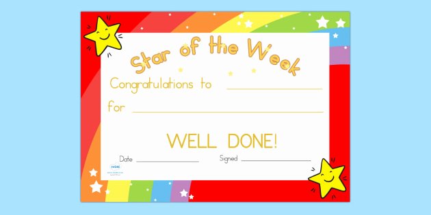 Star Of the Week Templates Beautiful Star Of the Week Certificate Award Reward Certificate