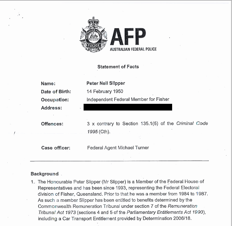 Statment Of Facts Fresh the Charges Against Peter Slipper the Actual Federal