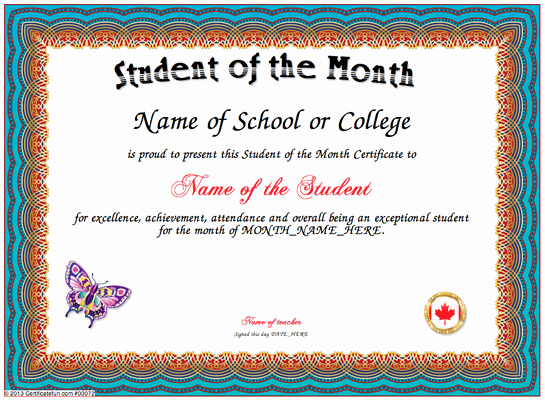 Student Of the Week Certificate Template Inspirational Student Of the Month