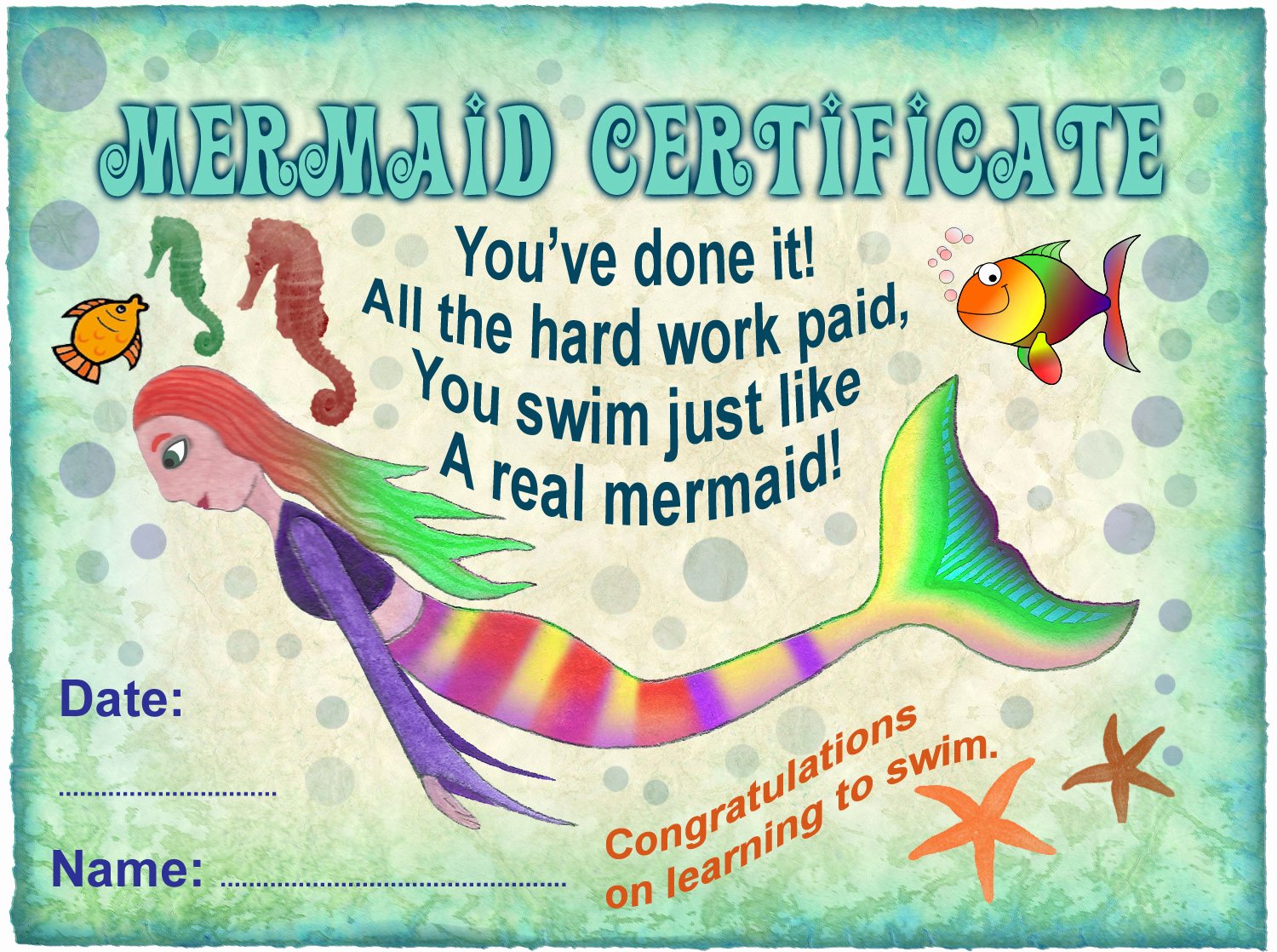 Swimming Lesson Certificate Template Unique Mermaid Certificate Learning to Swim