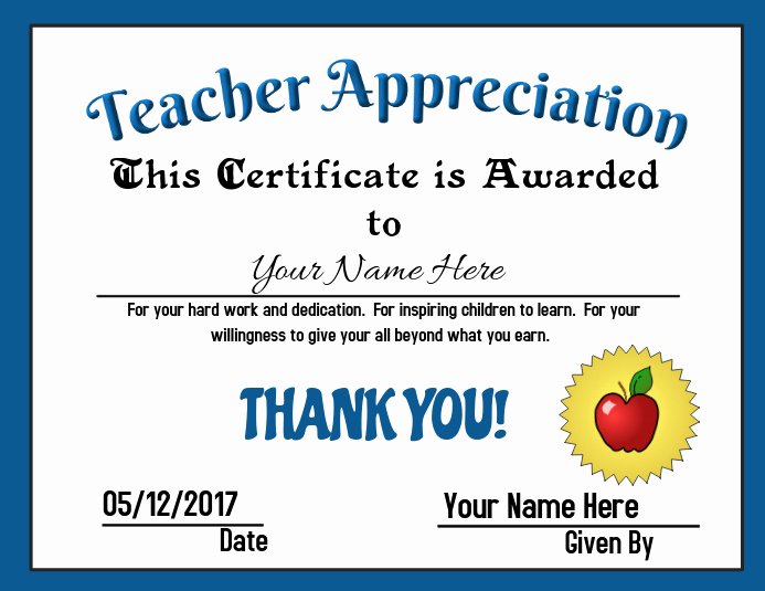 Teacher Appreciation Certificate Template Inspirational Teacher Appreciation Award Template