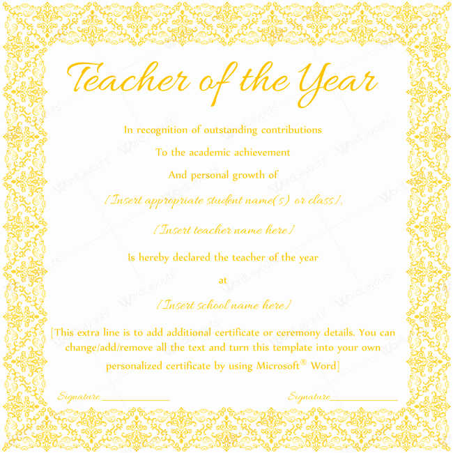 Teacher Of the Year Certificate Wording Unique Teacher Of the Year 08 Word Layouts