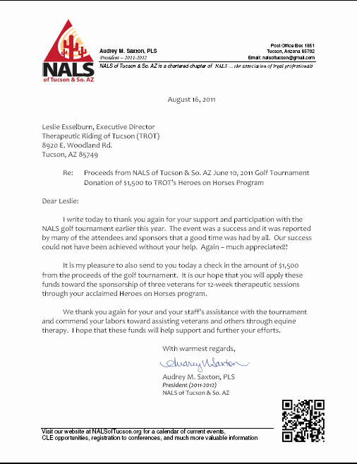 Thank You Letter to Sponsors after event Luxury 2011 Charity Golf tournament Nals Of Tucson &amp; so Az