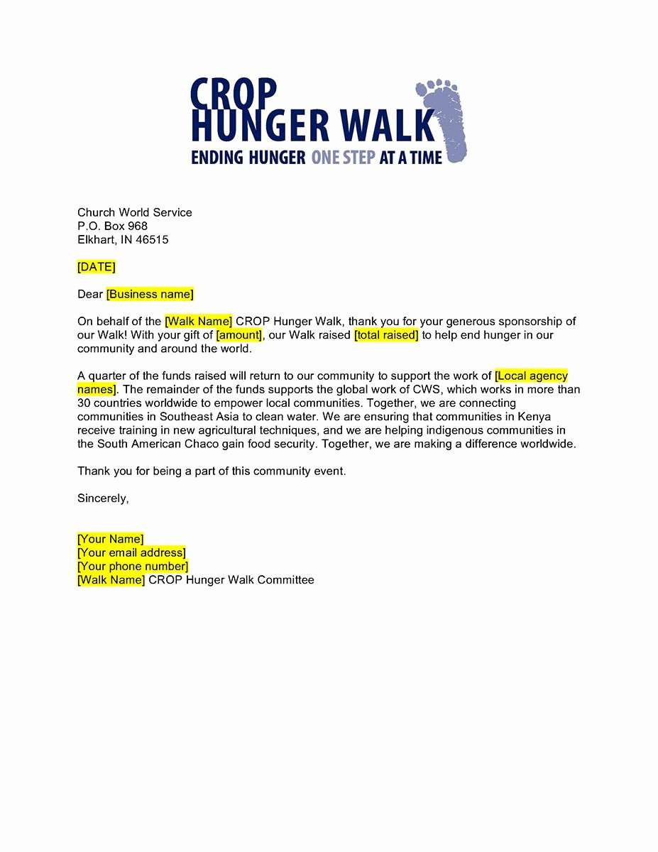 Thank You Letter to Sponsors Of An event Lovely Business Sponsorship Thank You Letter Crop Hunger Walk