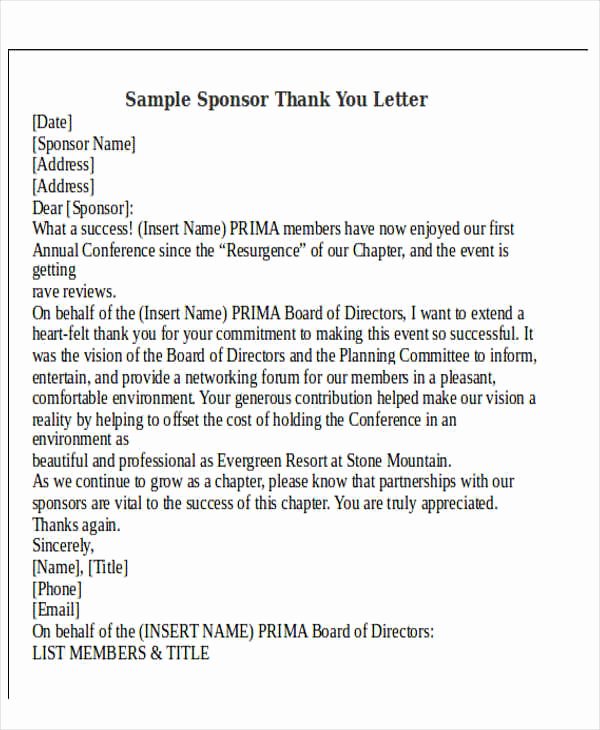 Thank You Letter to Sponsors Of An event Lovely Thank You Letter format