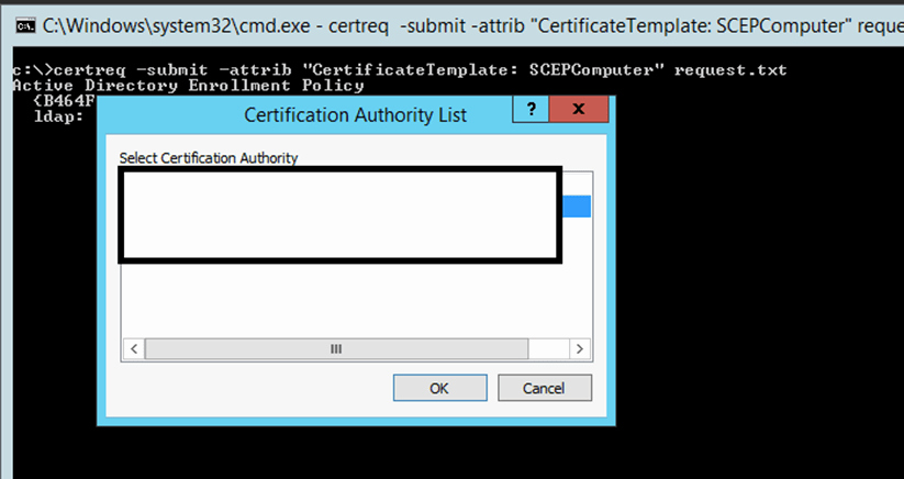The Request Contains No Certificate Template Information Fresh Ca Error when Requesting Certificate From Mmc Using A Scr