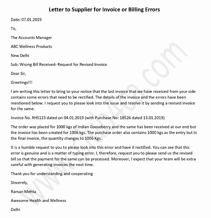 letter to supplier for invoice or billing errors