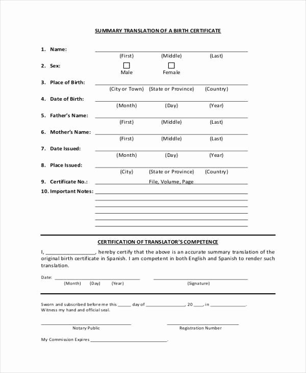 Translation Of Birth Certificate Template Inspirational Free 41 Certificate form In Templates Pdf