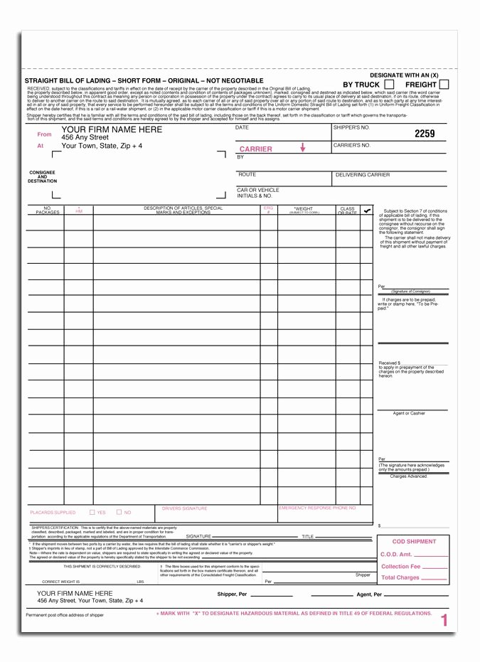 Ups Straight Bill Of Lading Unique Printable Sample Blank Bill Lading form