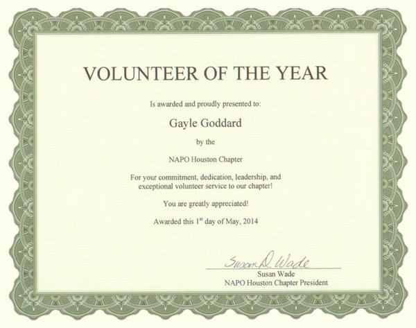 Volunteer Of the Year Certificate Fresh Houston Professional organizer the Clutter Fairy