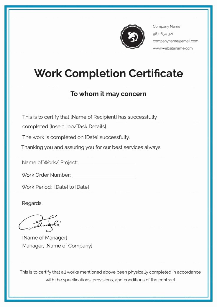 Work Completion form Template Unique Work Pletion Certificate Template