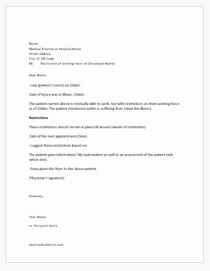 Work Restriction Letter New Doctor Letter to Manager to Restrict the Working Hours Of