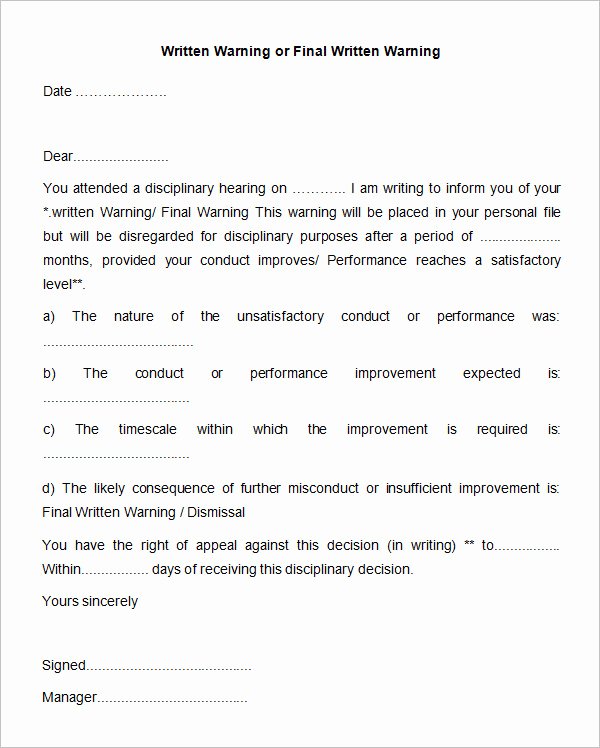 Write Up at Work Template Lovely 33 Hr Warning Letters Free Sample Example format