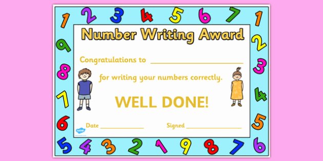 Writing Award Certificate Template Luxury Number Writing Award Certificate Number Number Writing