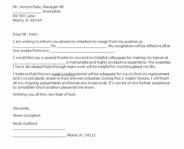 Written 2 Week Notice Inspirational Free Resignation Letter &amp; Two Weeks Notice Letters