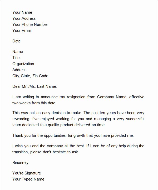 Written 2 Week Notice Unique formal Two Week Notice Resignation Letter Example